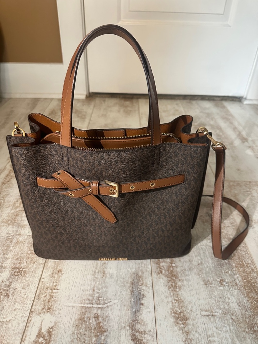 Michael Kors Brown Monogram Tote with Tan Leather Trim